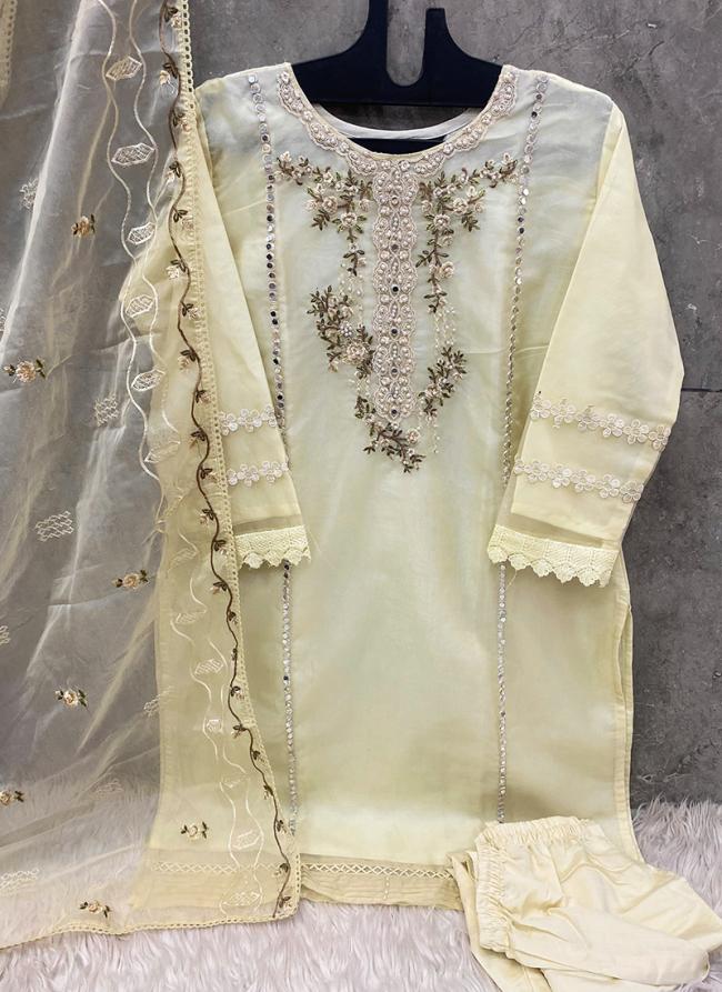 Organza Light Yellow Festival Wear Embroidery Work Readymade Pakistani Suit